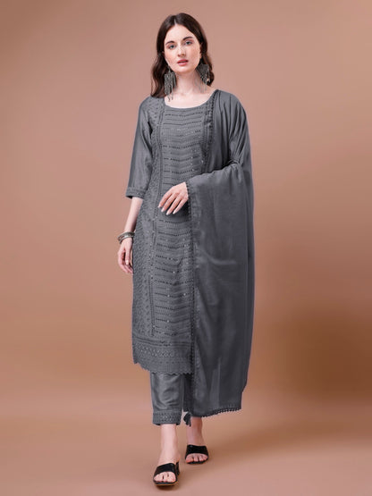 Women's Embroidered Silk Blend Kurta Pyjama & Dupatta Set