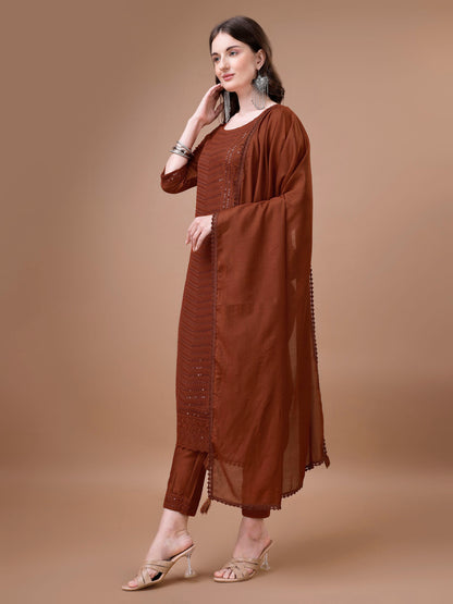 Women's Embroidered Silk Blend Kurta Pyjama & Dupatta Set