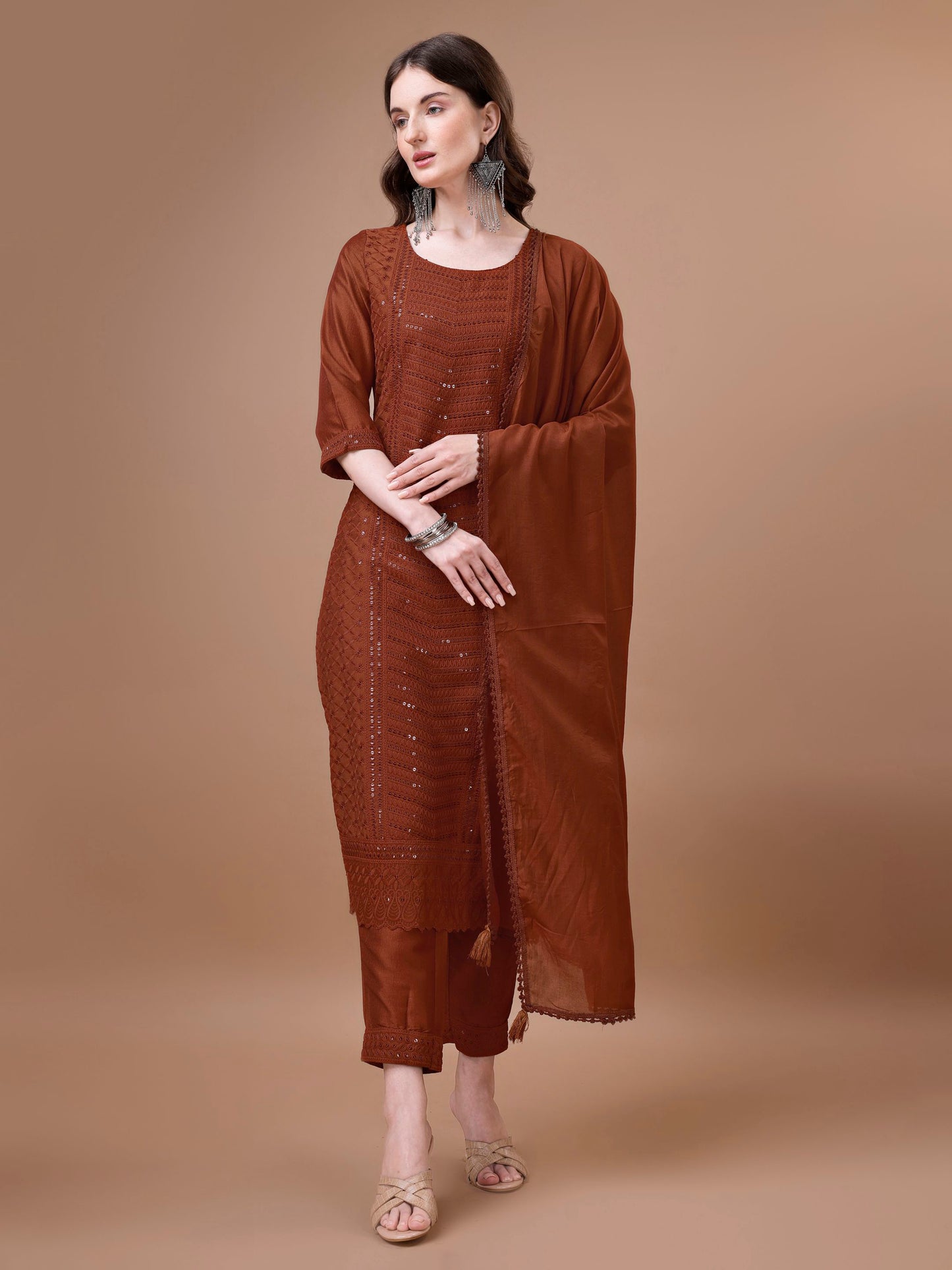 Women's Embroidered Silk Blend Kurta Pyjama & Dupatta Set