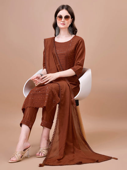 Women's Embroidered Silk Blend Kurta Pyjama & Dupatta Set