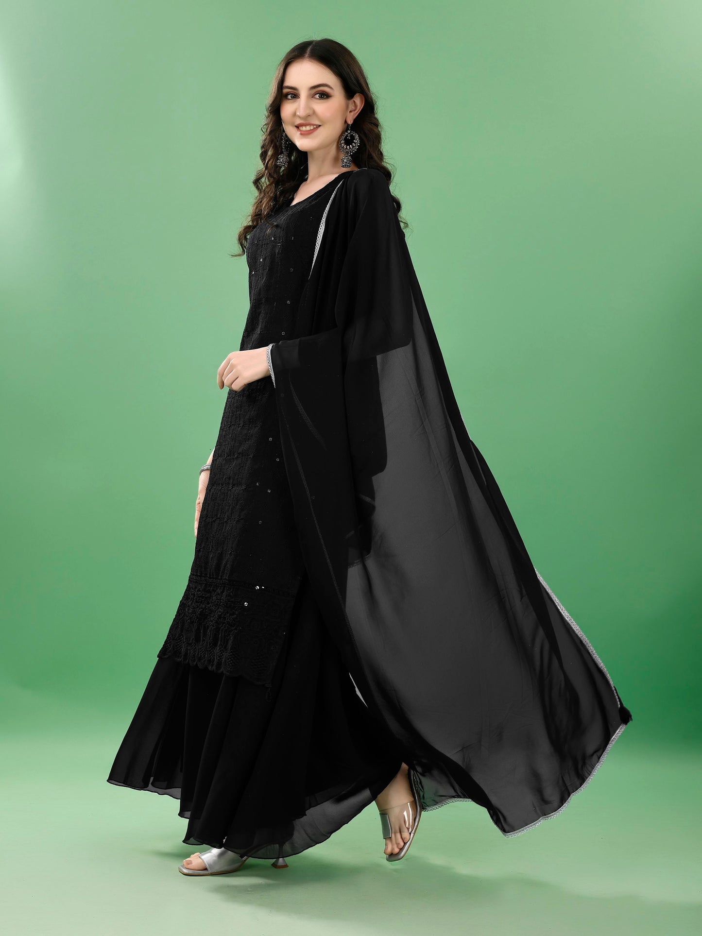 Women's Wine Embroidered Georgette KurtaPalazzo and Dupatta Set