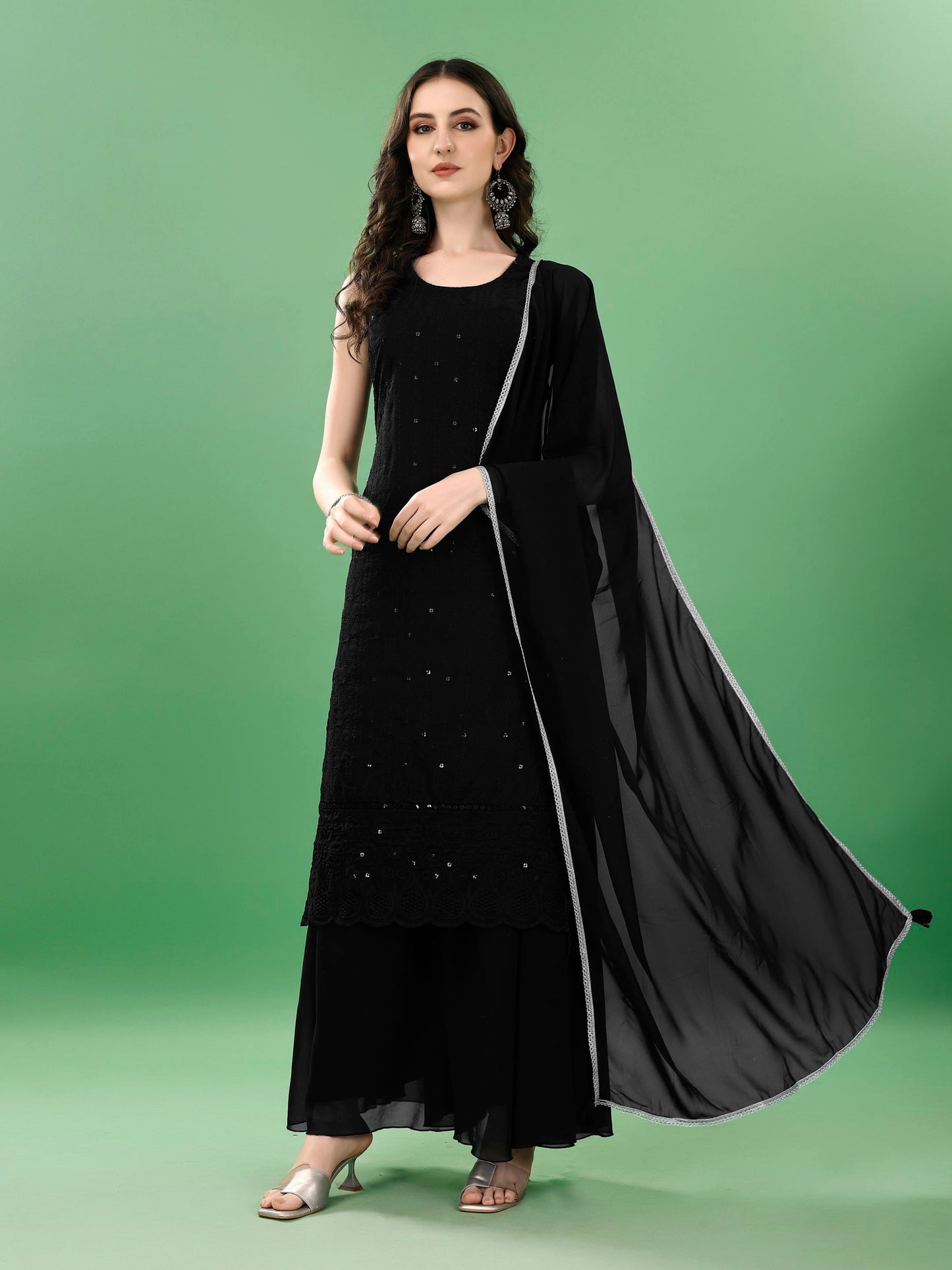 Women's Embroidered Georgette  Kurta Palazzo and Dupatta Set