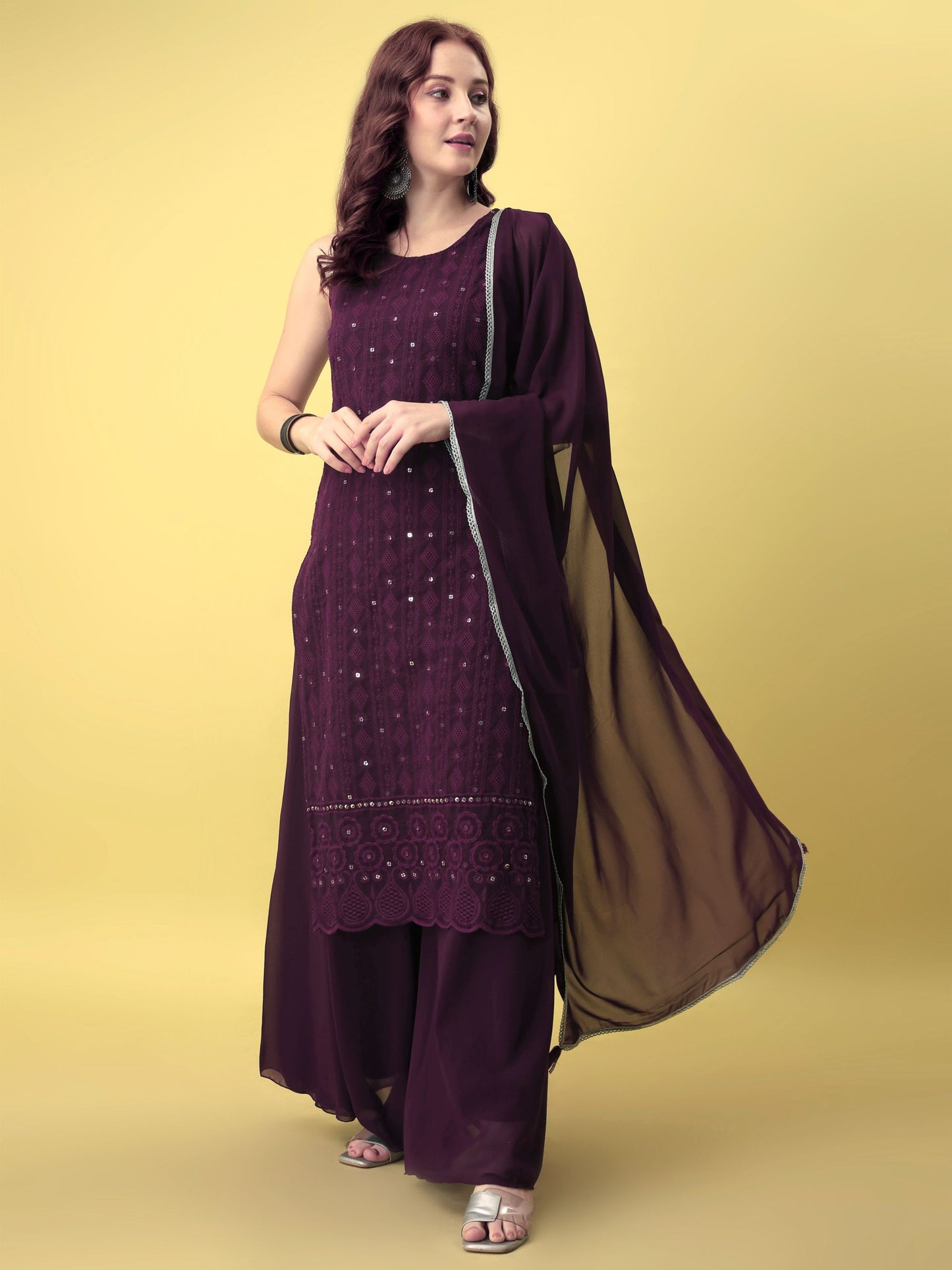 Women's Wine Embroidered Georgette KurtaPalazzo and Dupatta Set