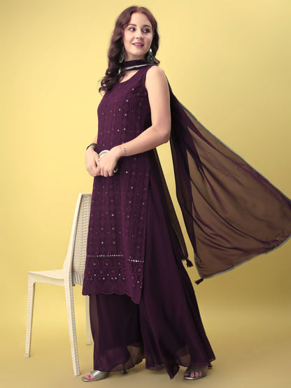 Women's Wine Embroidered Georgette KurtaPalazzo and Dupatta Set