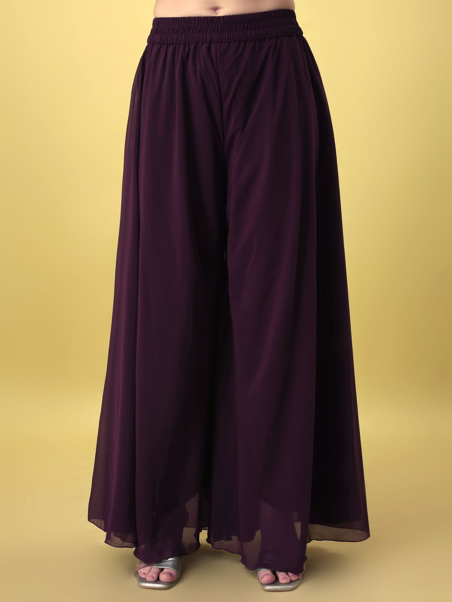 Women's Wine Embroidered Georgette KurtaPalazzo and Dupatta Set