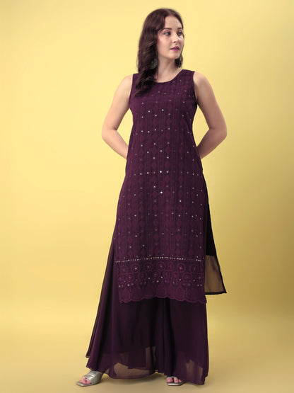 Women's Embroidered Georgette  Kurta Palazzo and Dupatta Set