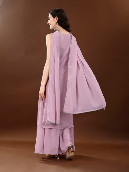 Women's Wine Embroidered Georgette KurtaPalazzo and Dupatta Set