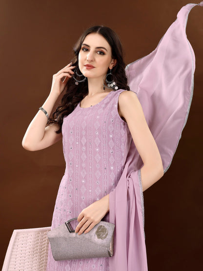 Women's Embroidered Georgette  Kurta Palazzo and Dupatta Set