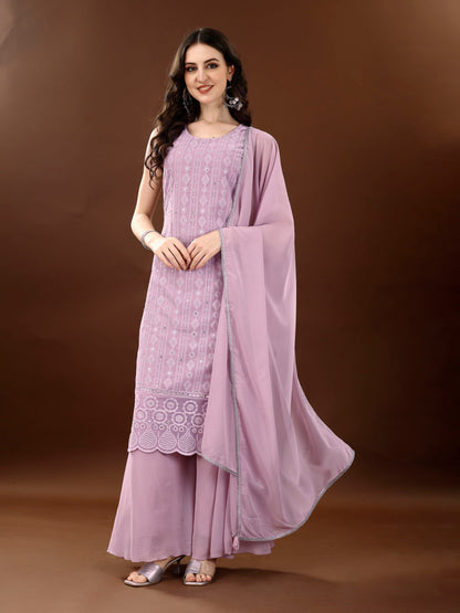 Women's Embroidered Georgette  Kurta Palazzo and Dupatta Set