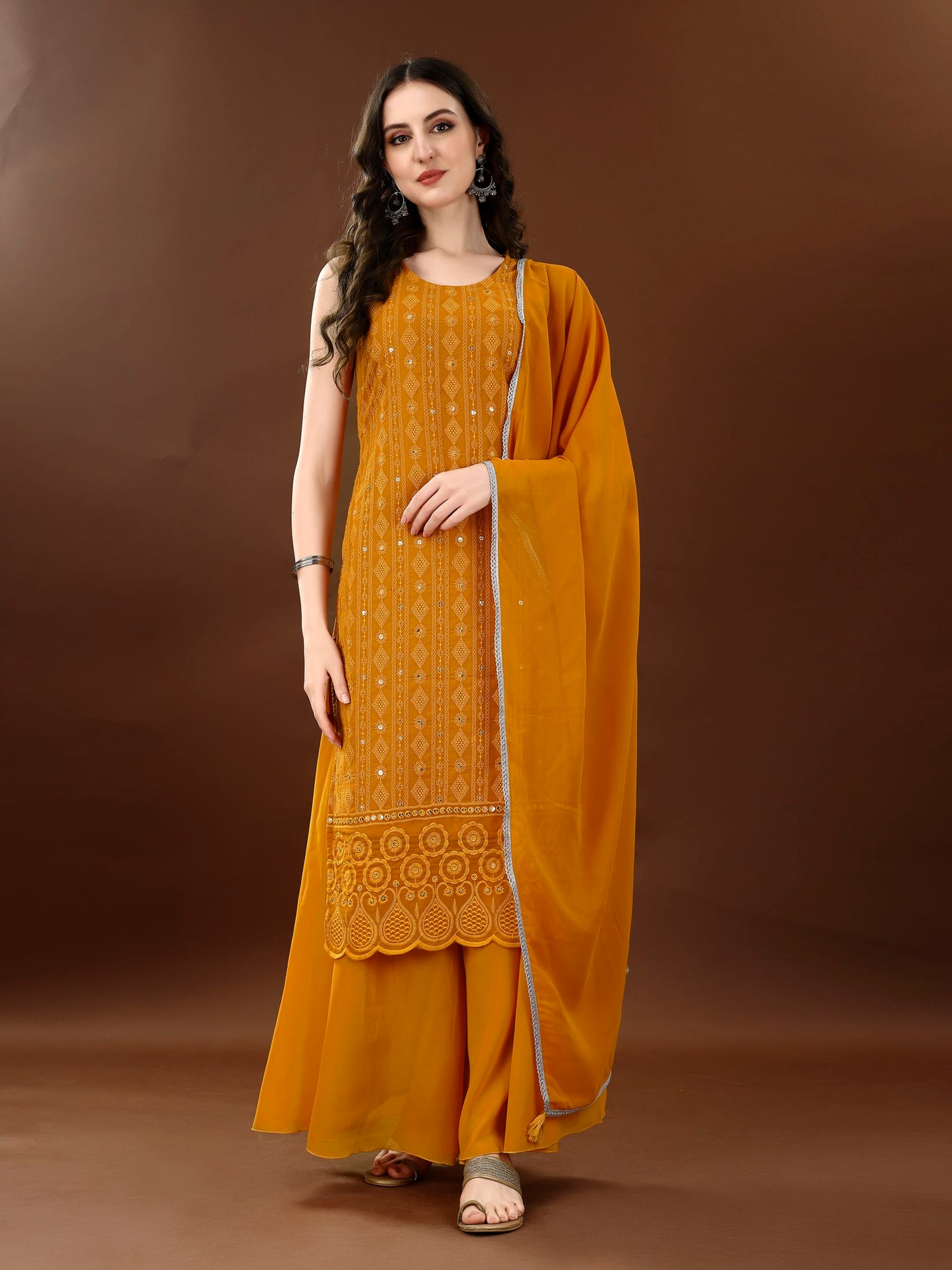 Women's Embroidered Georgette  Kurta Palazzo and Dupatta Set