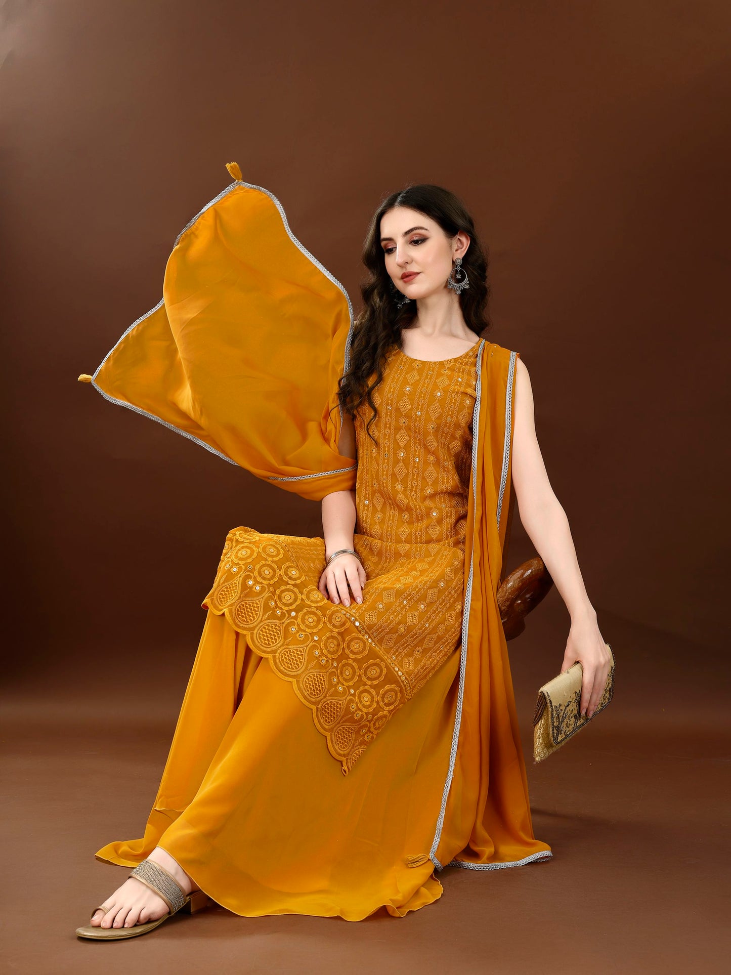 Women's Embroidered Georgette  Kurta Palazzo and Dupatta Set