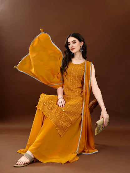 Women's Embroidered Georgette  Kurta Palazzo and Dupatta Set