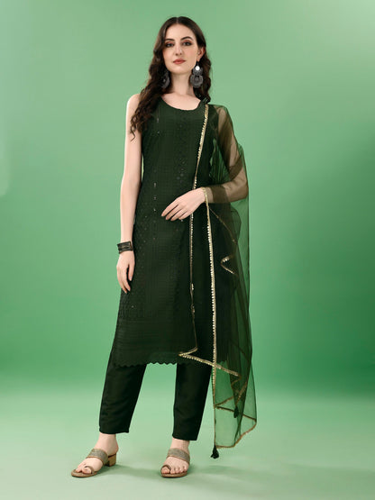 Women's  Embroidered Silk Blend Kurta Pyjama & Dupatta Set