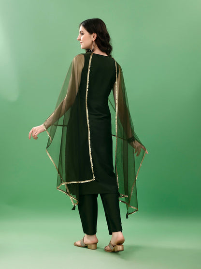 Women's  Embroidered Silk Blend Kurta Pyjama & Dupatta Set