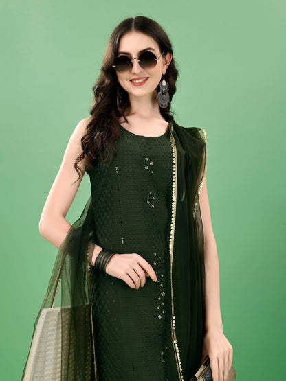 Women's  Embroidered Silk Blend Kurta Pyjama & Dupatta Set