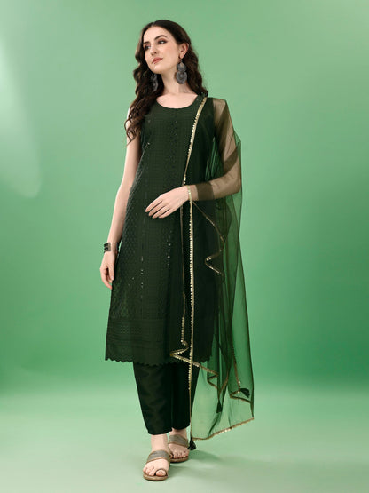 Women's  Embroidered Silk Blend Kurta Pyjama & Dupatta Set