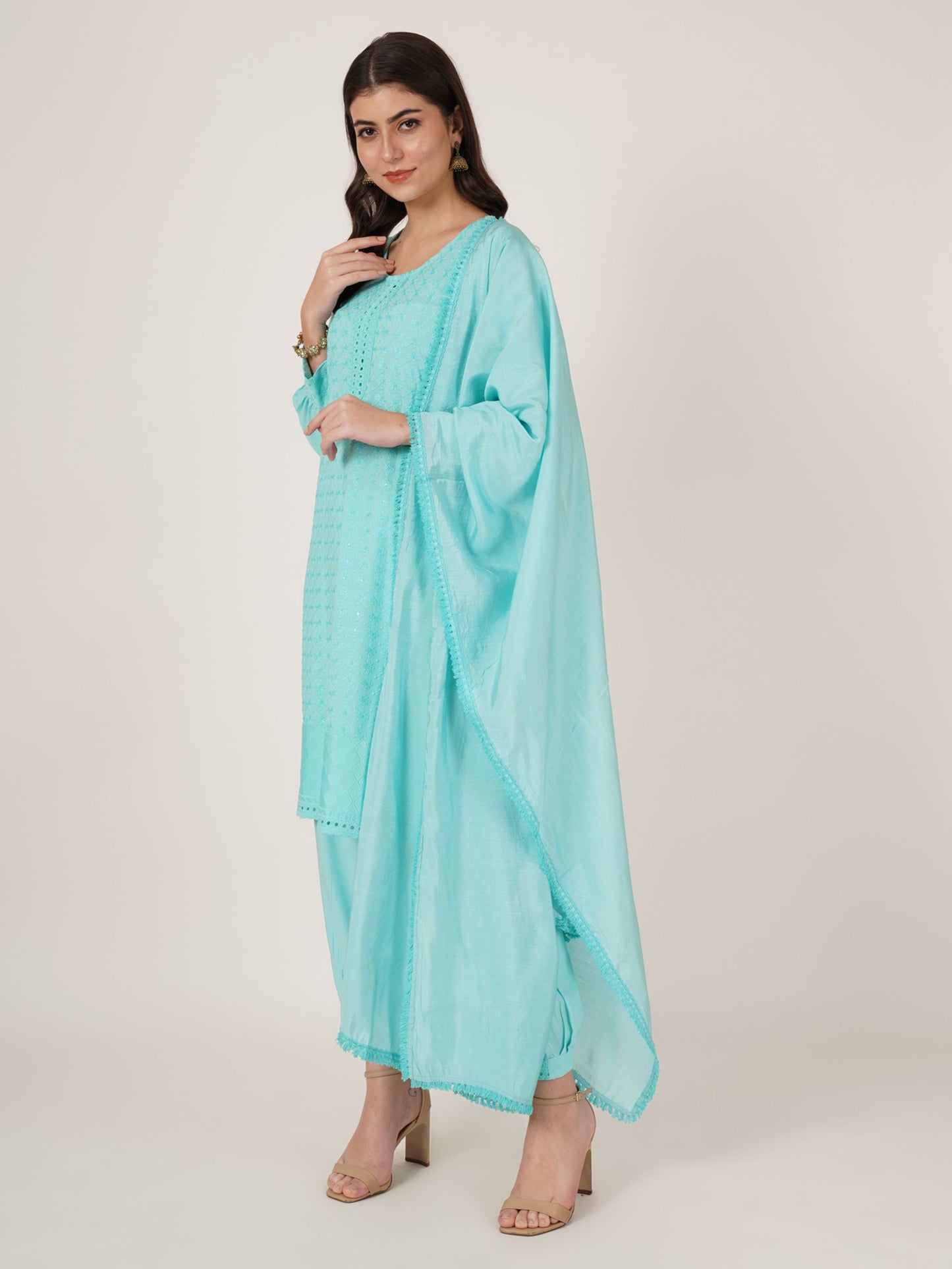 Women's Embroidered Rayon Kurta Pyjama & Dupatta Set