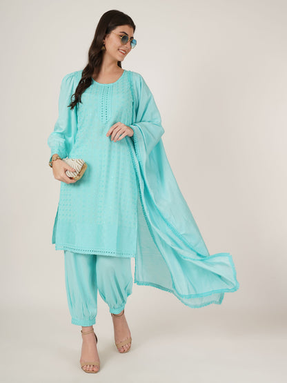 Women's Embroidered Rayon Kurta Pyjama & Dupatta Set