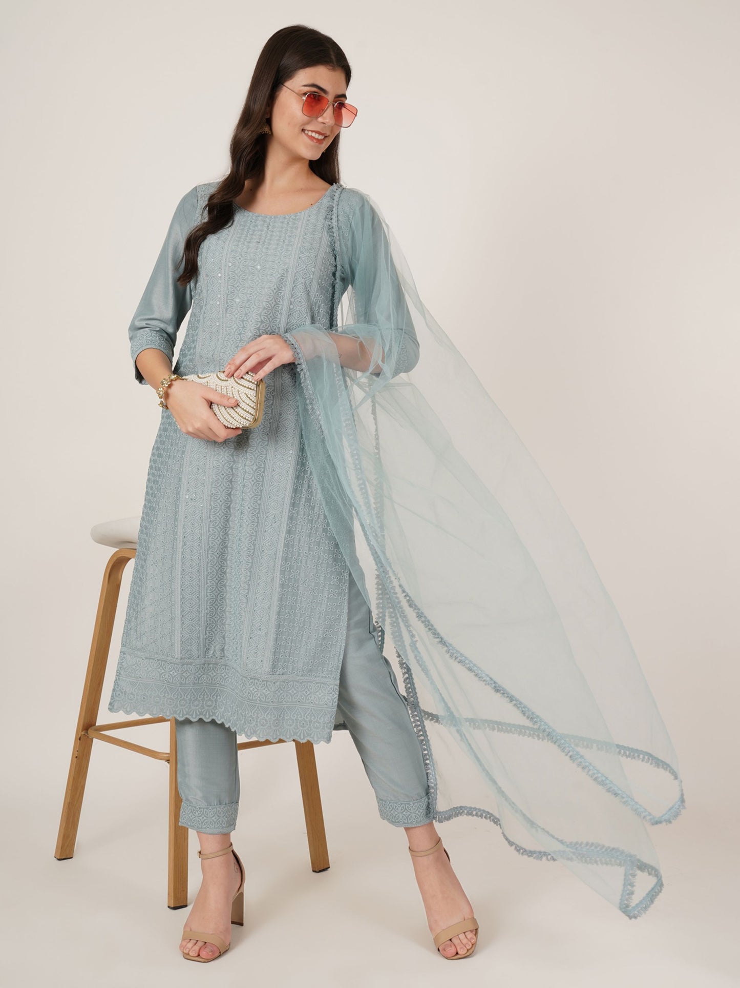 Women's  Embroidered Silk Blend  Kurta Pyjama & Dupatta Set