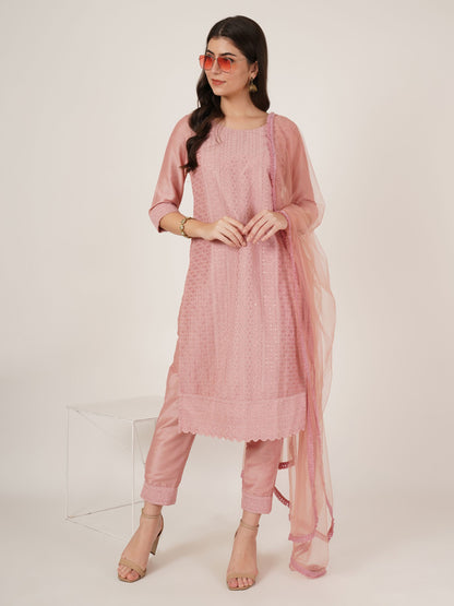 Women's  Embroidered Silk Blend  Kurta Pyjama & Dupatta Set