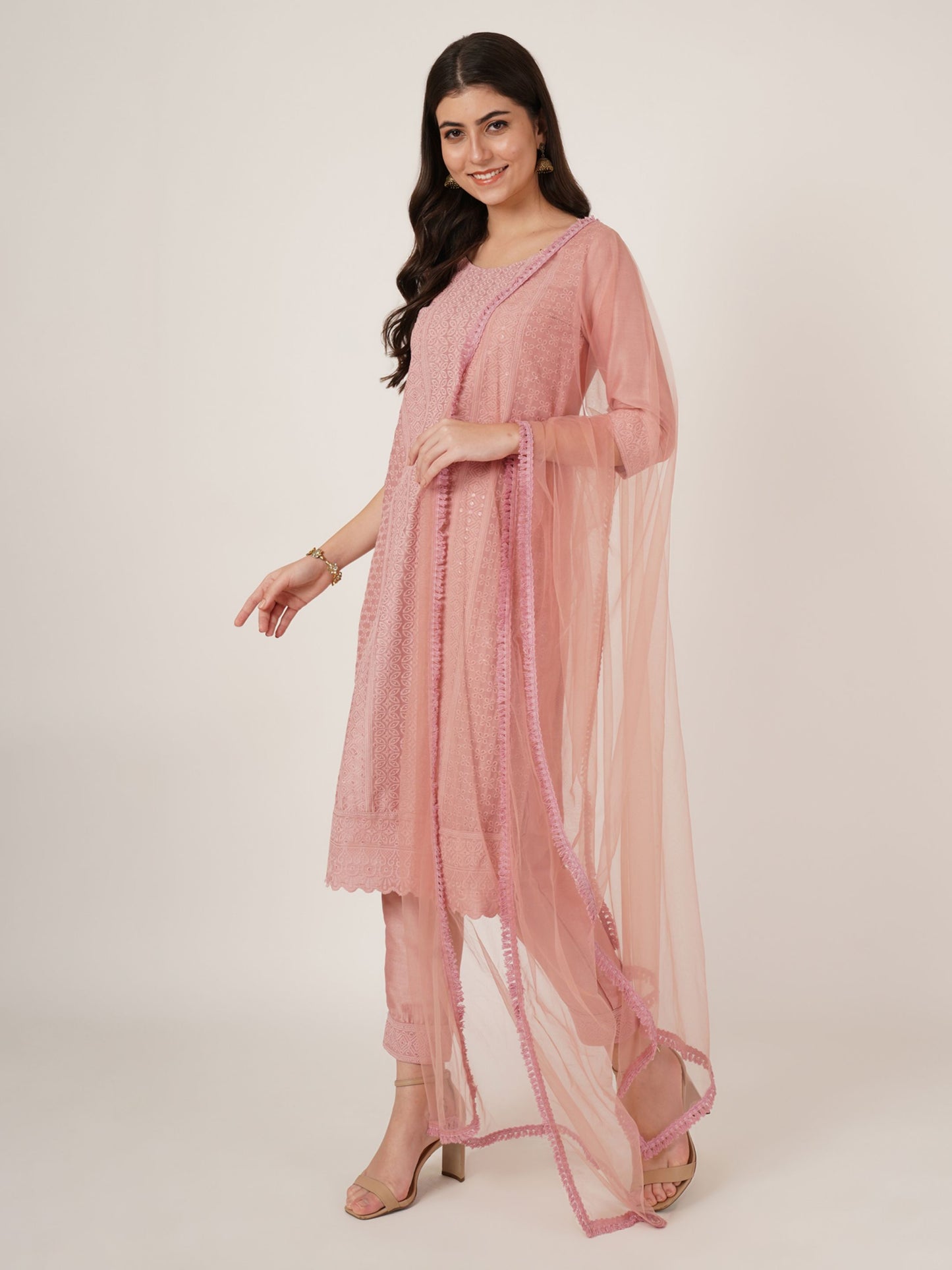 Women's  Embroidered Silk Blend  Kurta Pyjama & Dupatta Set