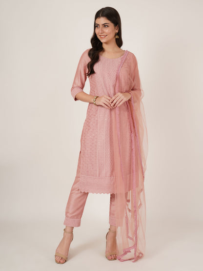 Women's  Embroidered Silk Blend  Kurta Pyjama & Dupatta Set