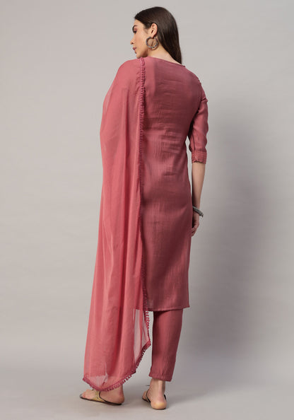 Women's Embroidered Silk Blend  Kurta Pyjama & Dupatta Set