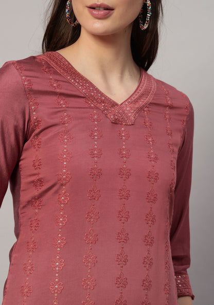 Women's Mustard Embroidered Silk Blend Kurta Pyjama & Dupatta Set