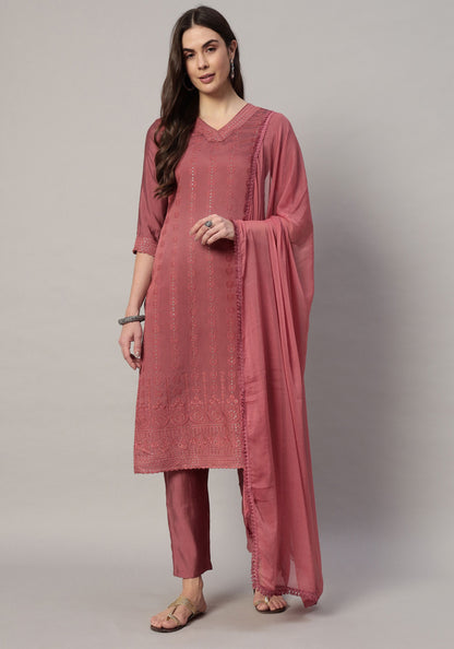 Women's Embroidered Silk Blend  Kurta Pyjama & Dupatta Set