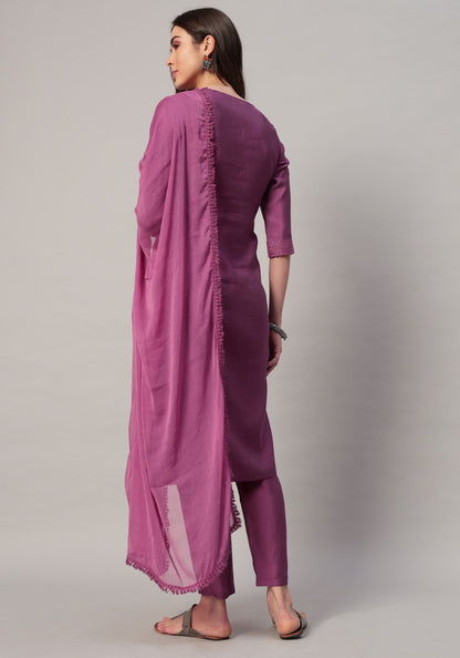 Women's Mustard Embroidered Silk Blend Kurta Pyjama & Dupatta Set