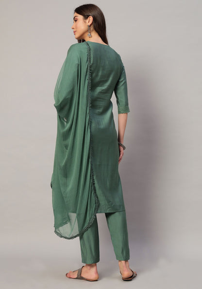 Women's Mustard Embroidered Silk Blend Kurta Pyjama & Dupatta Set