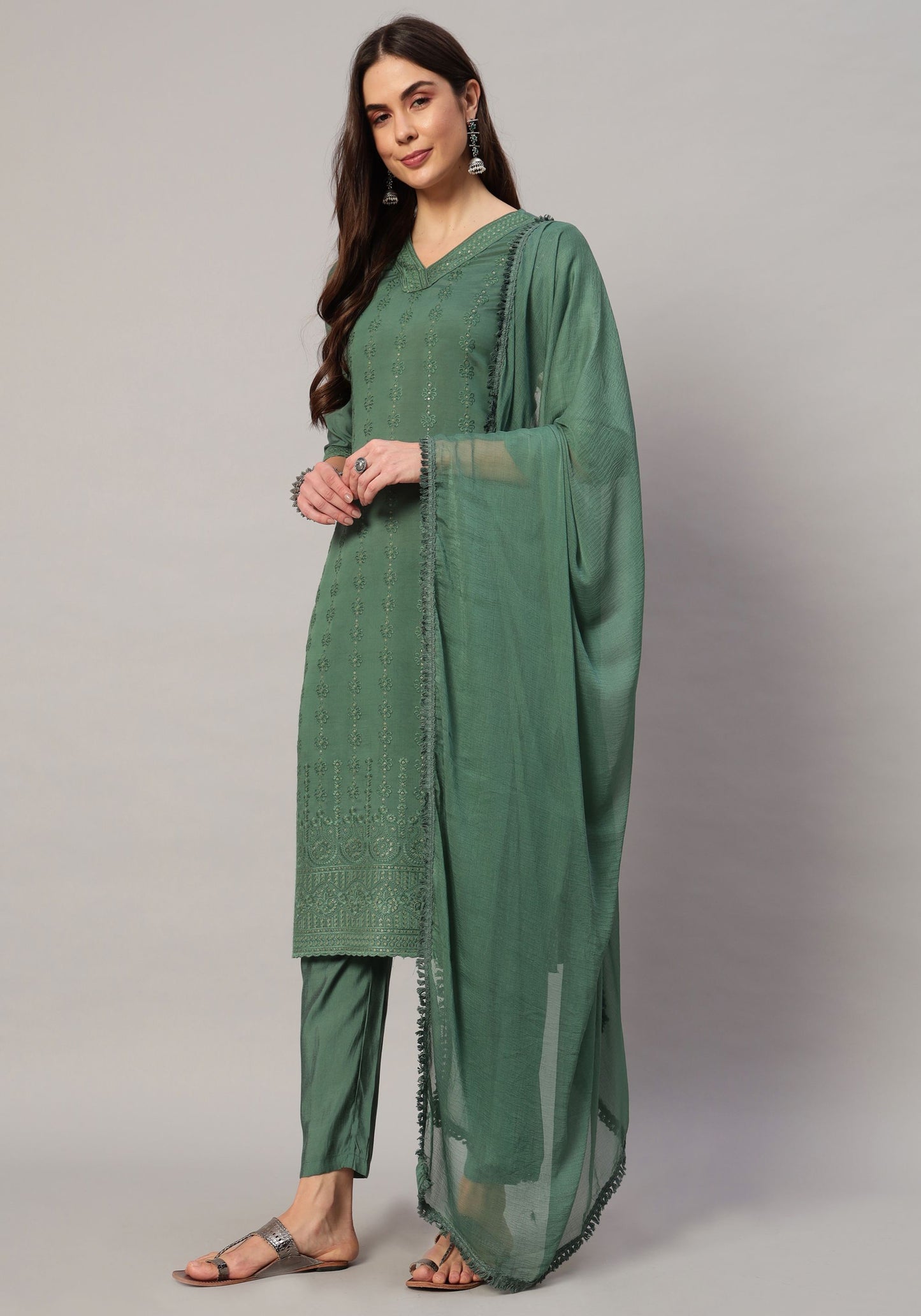 Women's Embroidered Silk Blend  Kurta Pyjama & Dupatta Set