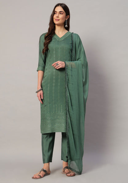 Women's Embroidered Silk Blend  Kurta Pyjama & Dupatta Set