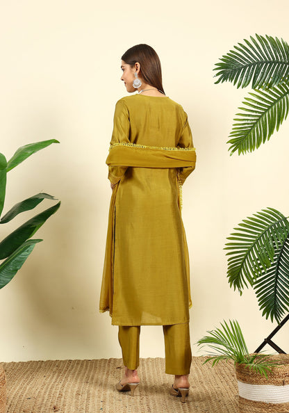 Women's Embroidered Silk Blend  Kurta Pyjama & Dupatta Set