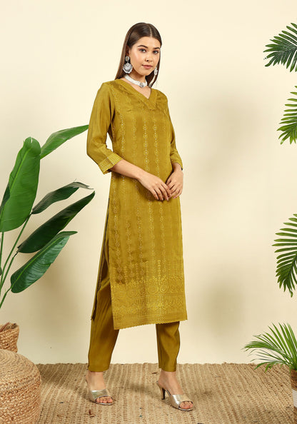 Women's Embroidered Silk Blend  Kurta Pyjama & Dupatta Set