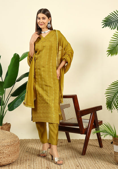 Women's Mustard Embroidered Silk Blend Kurta Pyjama & Dupatta Set
