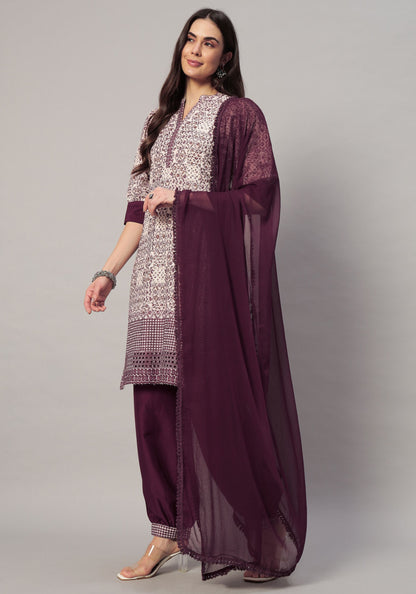 Women's  Embroidered Viscose Kurta Dhoti Pant & Dupatta Set