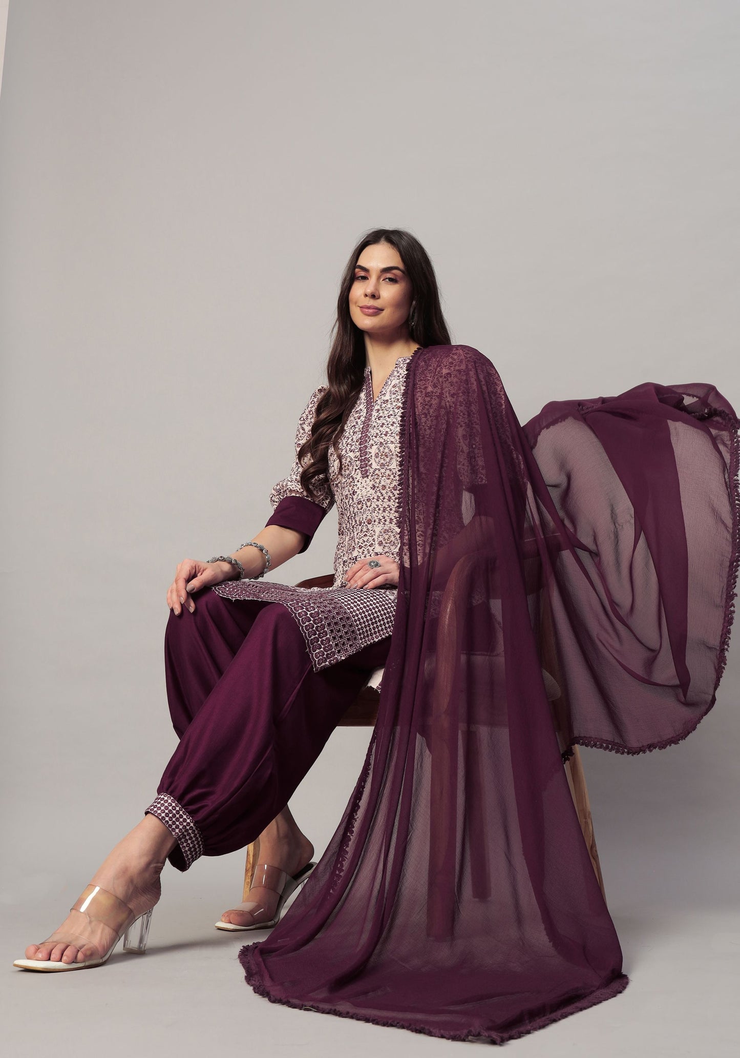 Women's  Embroidered Viscose Kurta Dhoti Pant & Dupatta Set