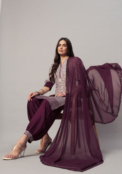 Women's  Embroidered Viscose Kurta Dhoti Pant & Dupatta Set