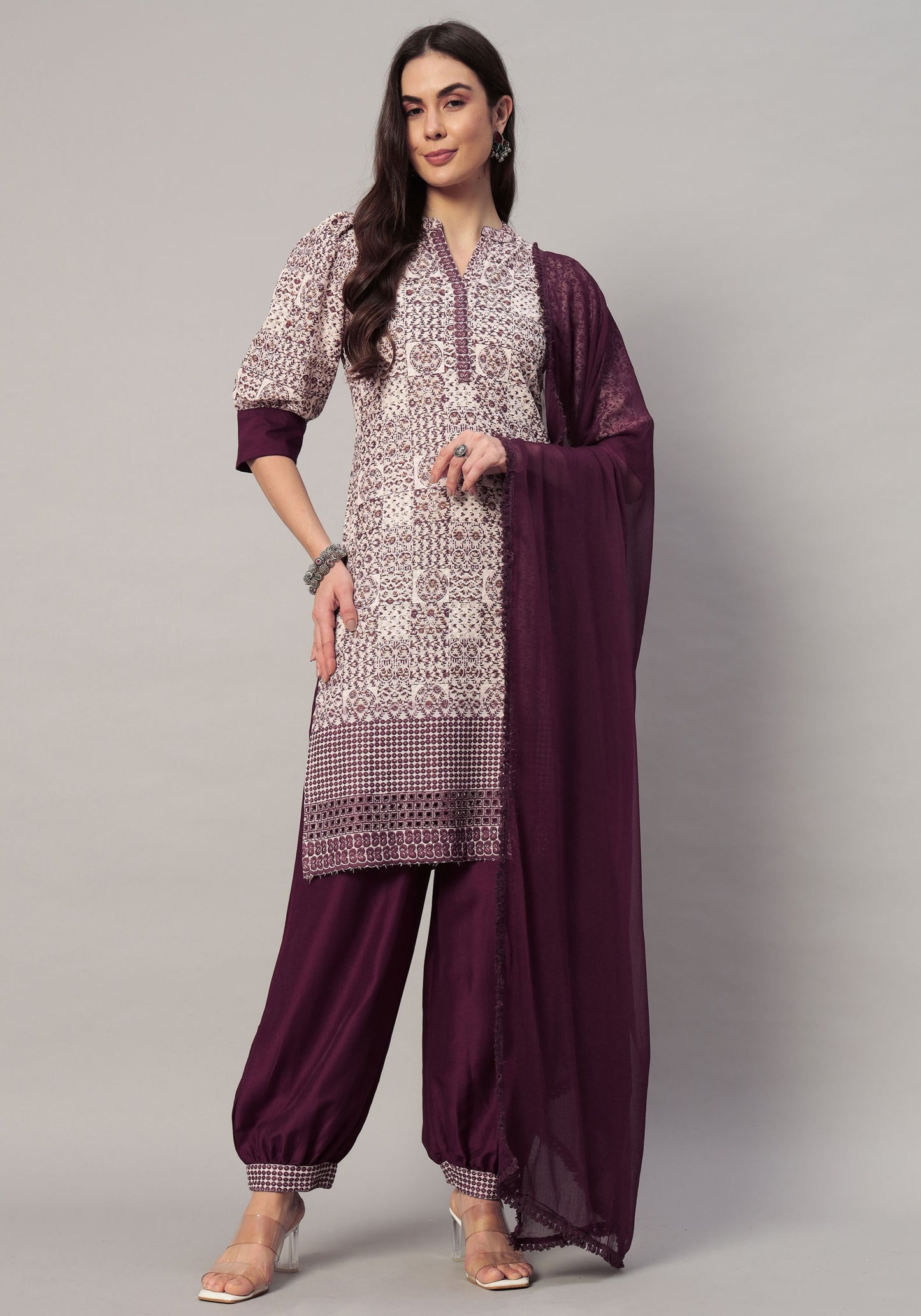 Women's  Embroidered Viscose Kurta Dhoti Pant & Dupatta Set