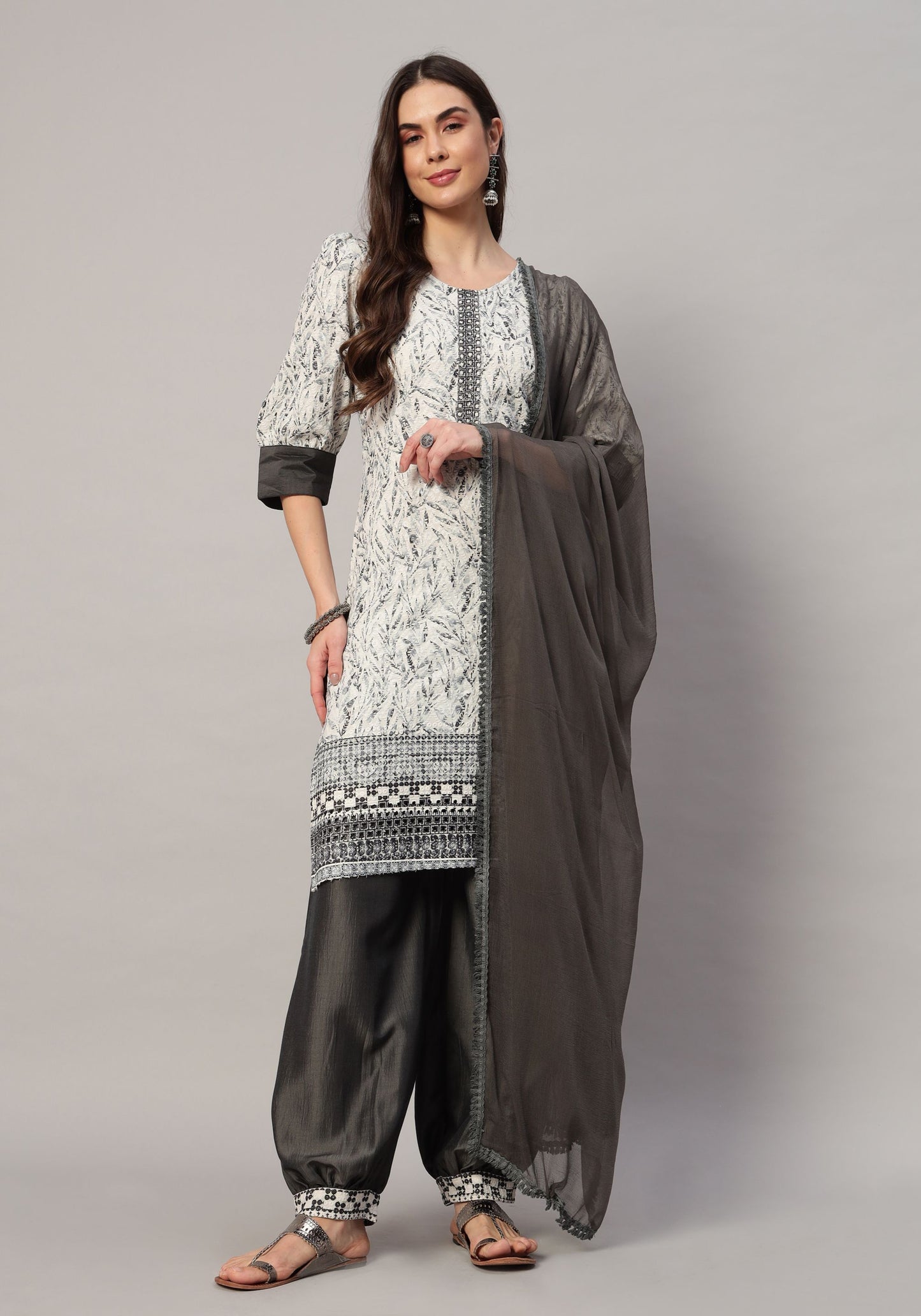 Women's  Embroidered Viscose Kurta Dhoti Pant & Dupatta Set