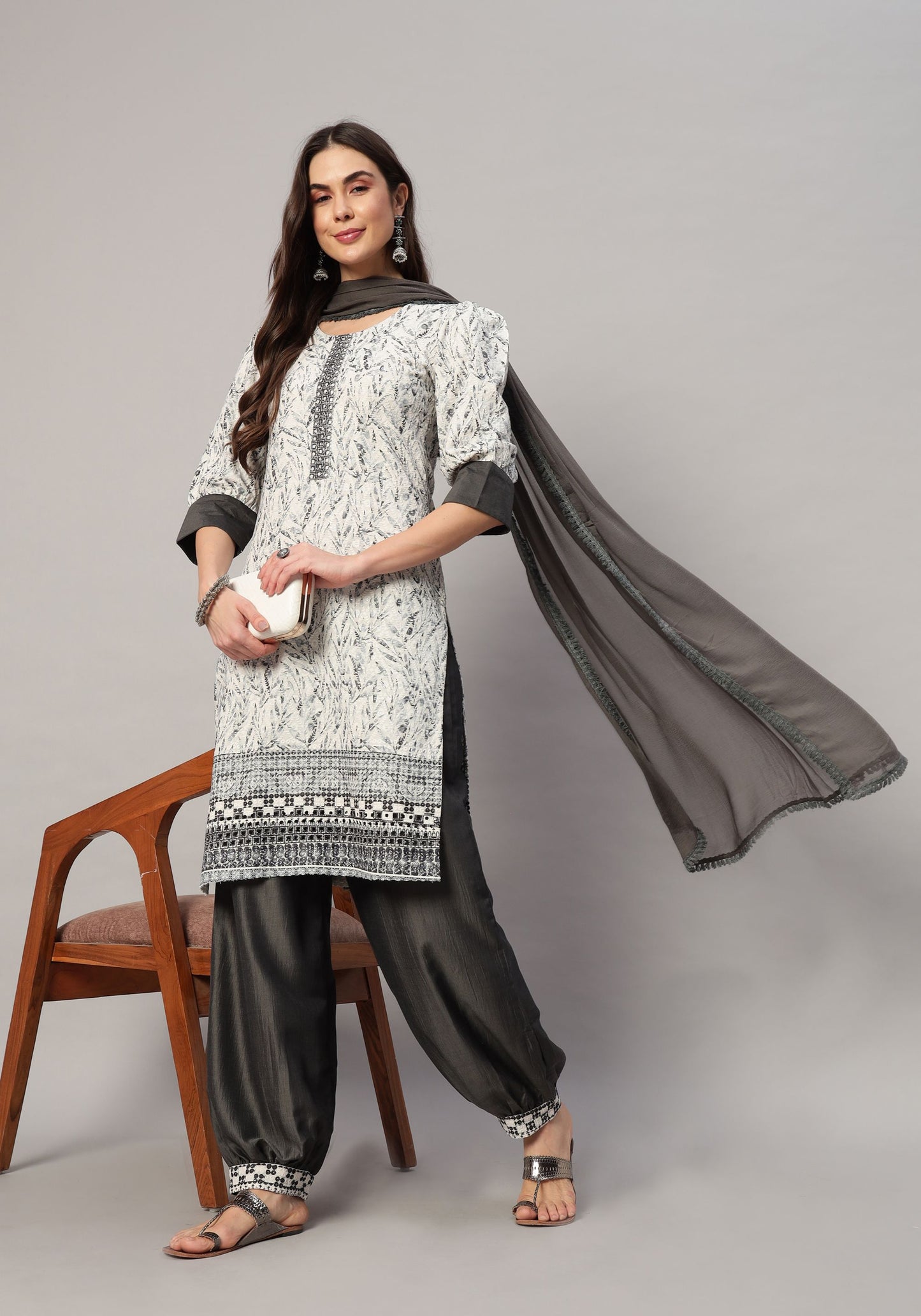 Women's  Embroidered Viscose Kurta Dhoti Pant & Dupatta Set