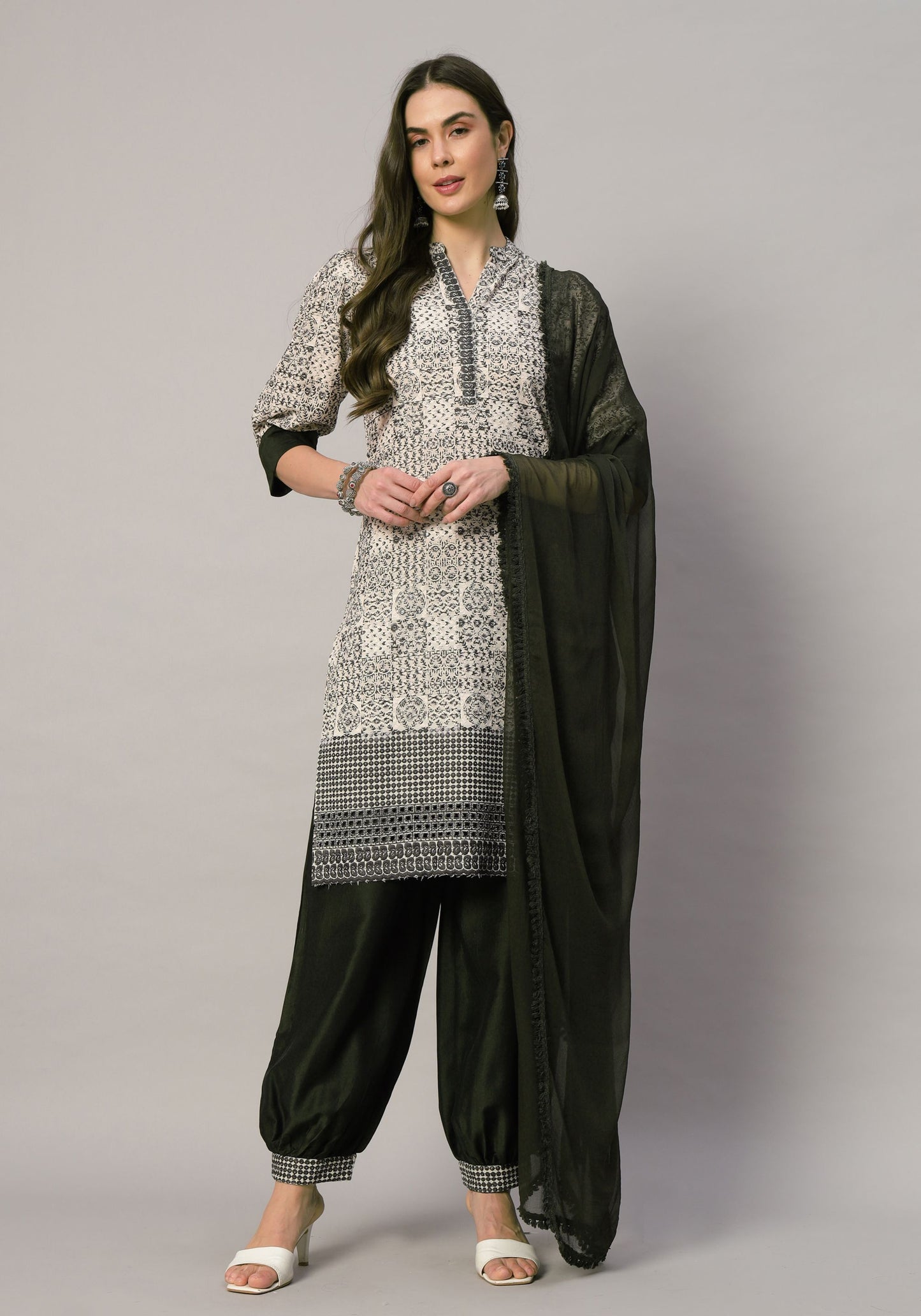 Women's  Embroidered Viscose Kurta Dhoti Pant & Dupatta Set