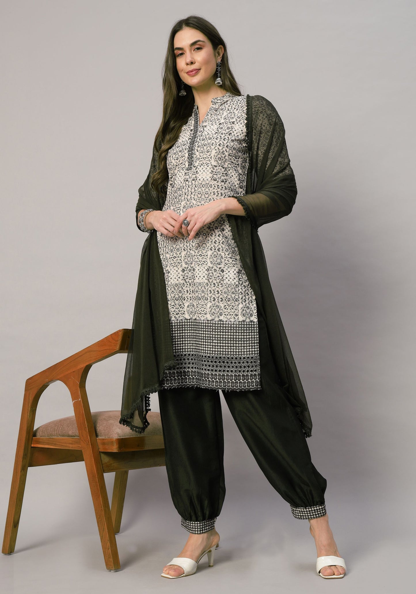 Women's  Embroidered Viscose Kurta Dhoti Pant & Dupatta Set