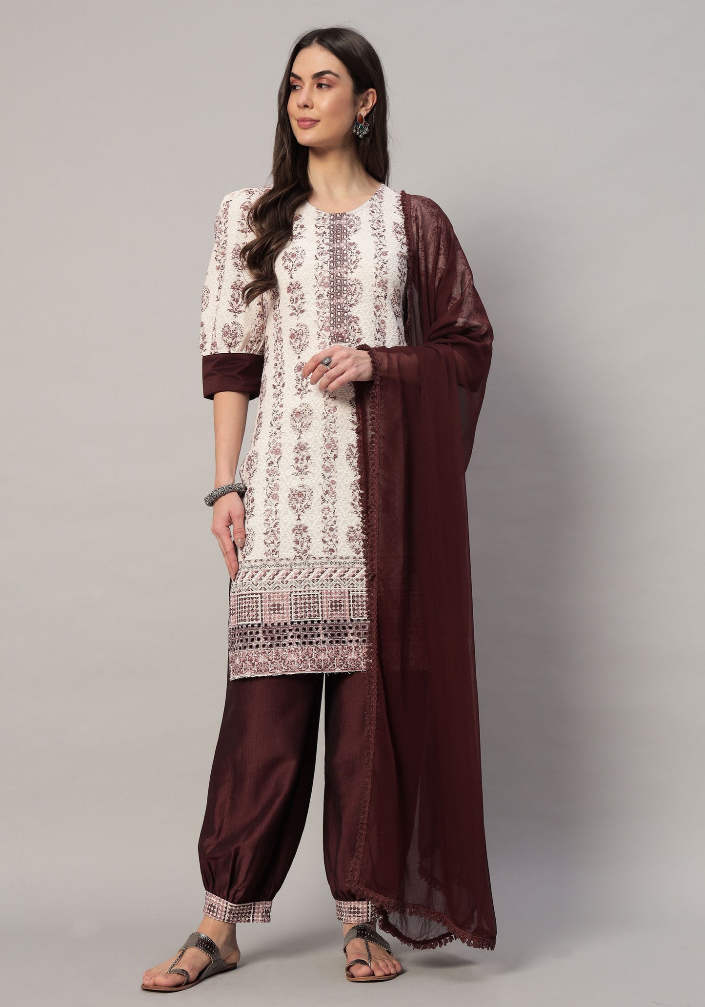 Women's  Embroidered Viscose Kurta Dhoti Pant & Dupatta Set