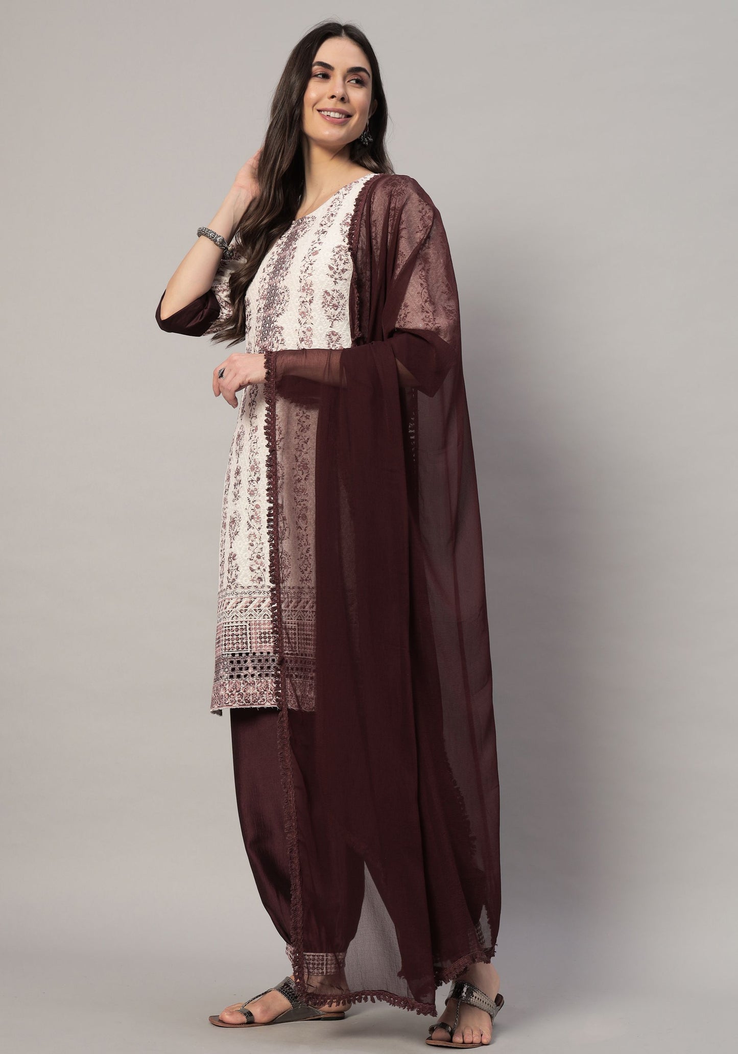 Women's  Embroidered Viscose Kurta Dhoti Pant & Dupatta Set