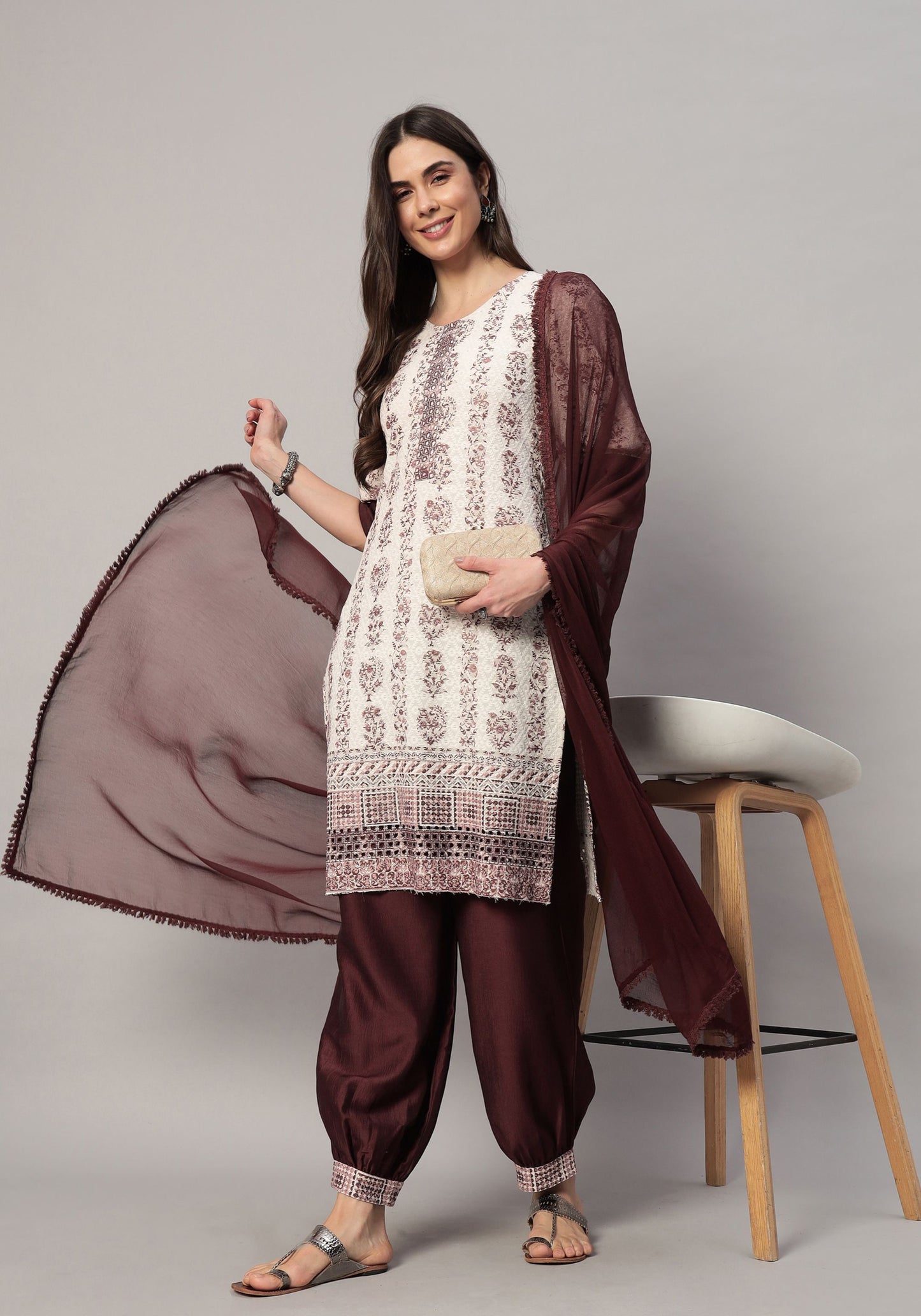 Women's  Embroidered Viscose Kurta Dhoti Pant & Dupatta Set