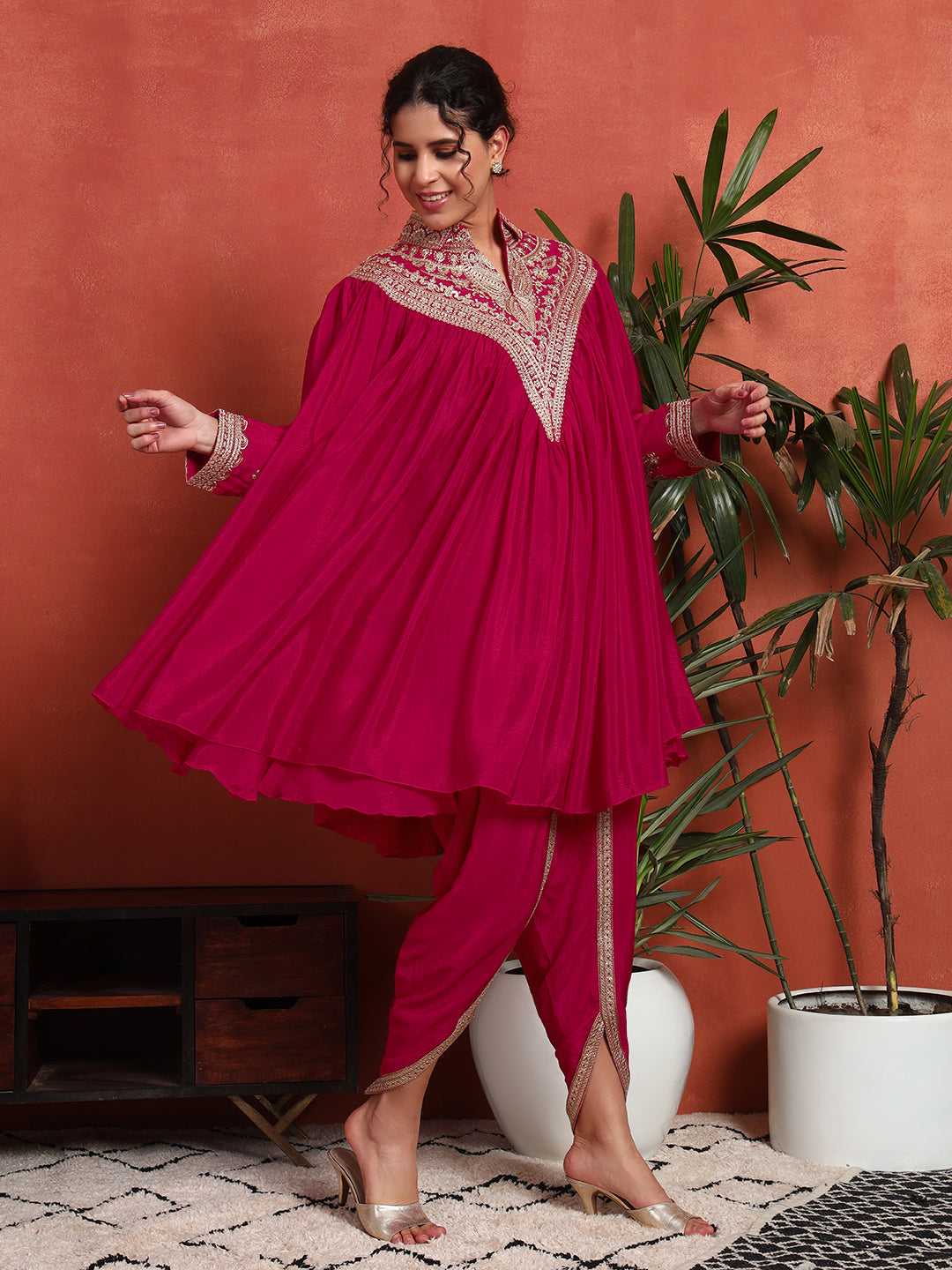 Women's Embroidered Silk Blend Kurta, Dhoti Pant & Dupatta Set