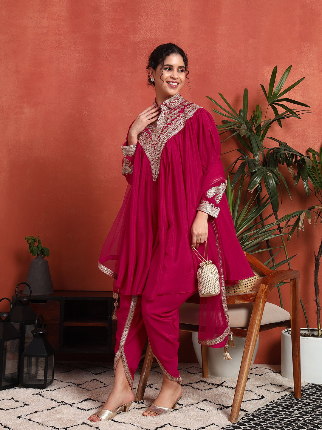 Women's Embroidered Silk Blend Kurta, Dhoti Pant & Dupatta Set