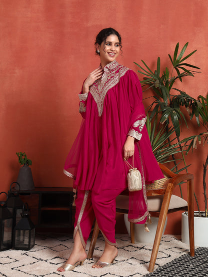 Women's Embroidered Silk Blend Kurta, Dhoti Pant & Dupatta Set